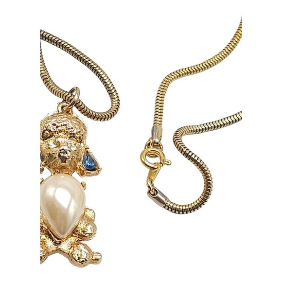 Blue Rhinestone Dog Pendant Snake Chain Necklace Faux Pearl Textured Gold Tone - Picture 5 of 8